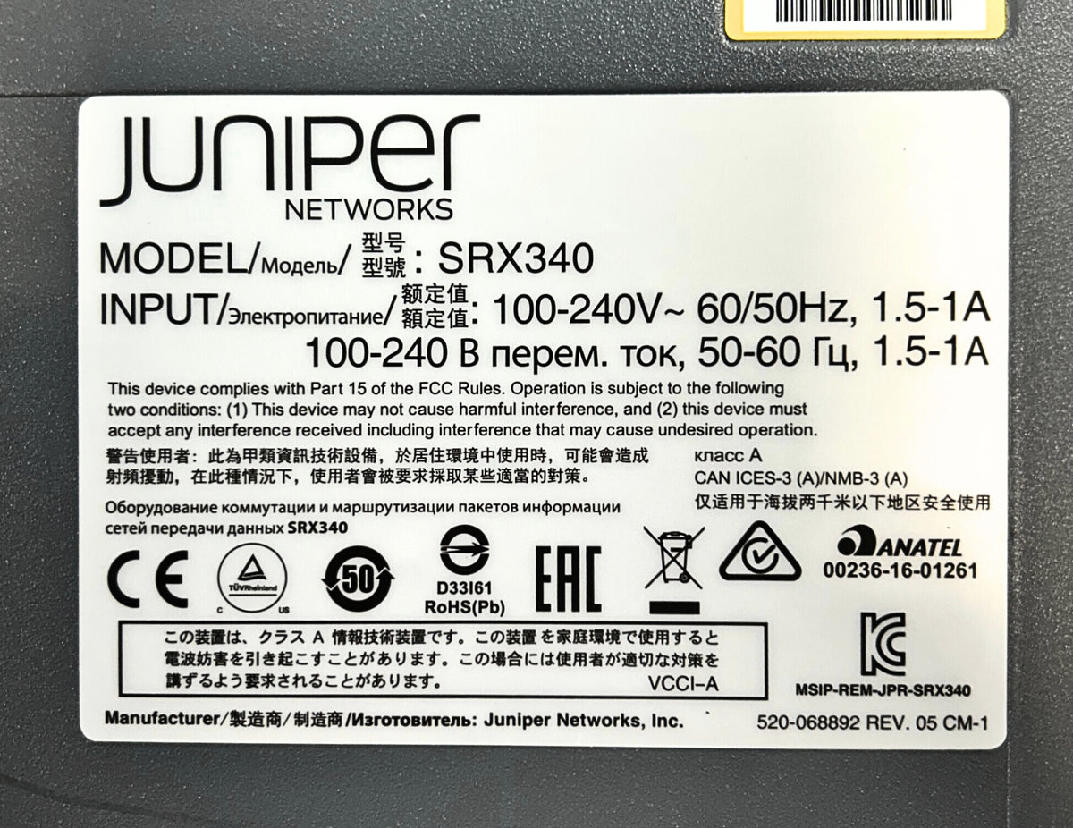 Juniper Networks SRX340 16-Port Security Appliance Services Gateway, Used