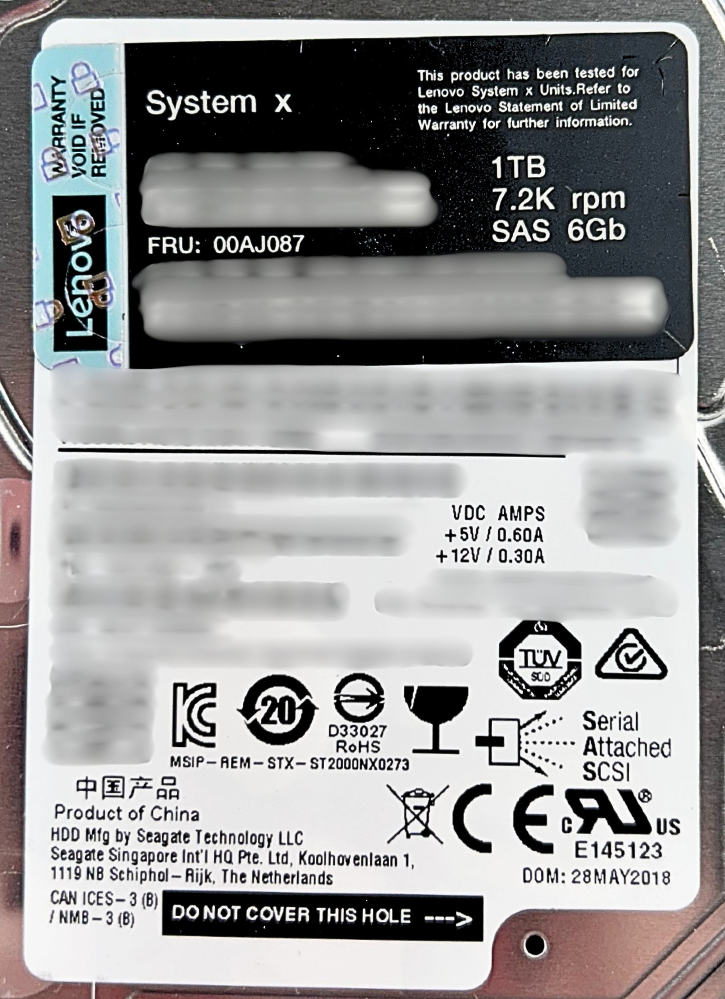 Lenovo 00AJ087 1TB 7.2K SAS 2.5 inch Hard Disk Drive G3HS, Used
