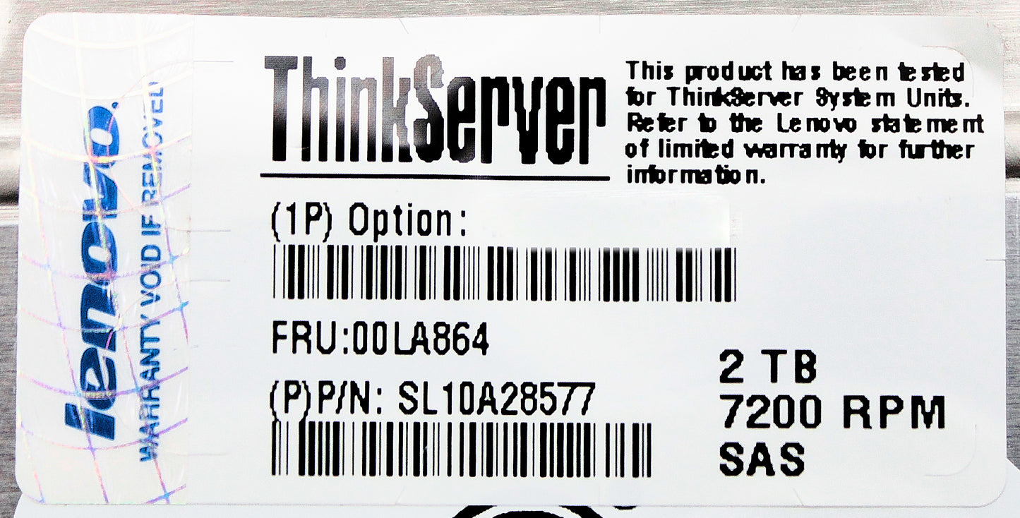 Lenovo 00LA864 2TB 7.2K 3.5" SAS HDD, Used