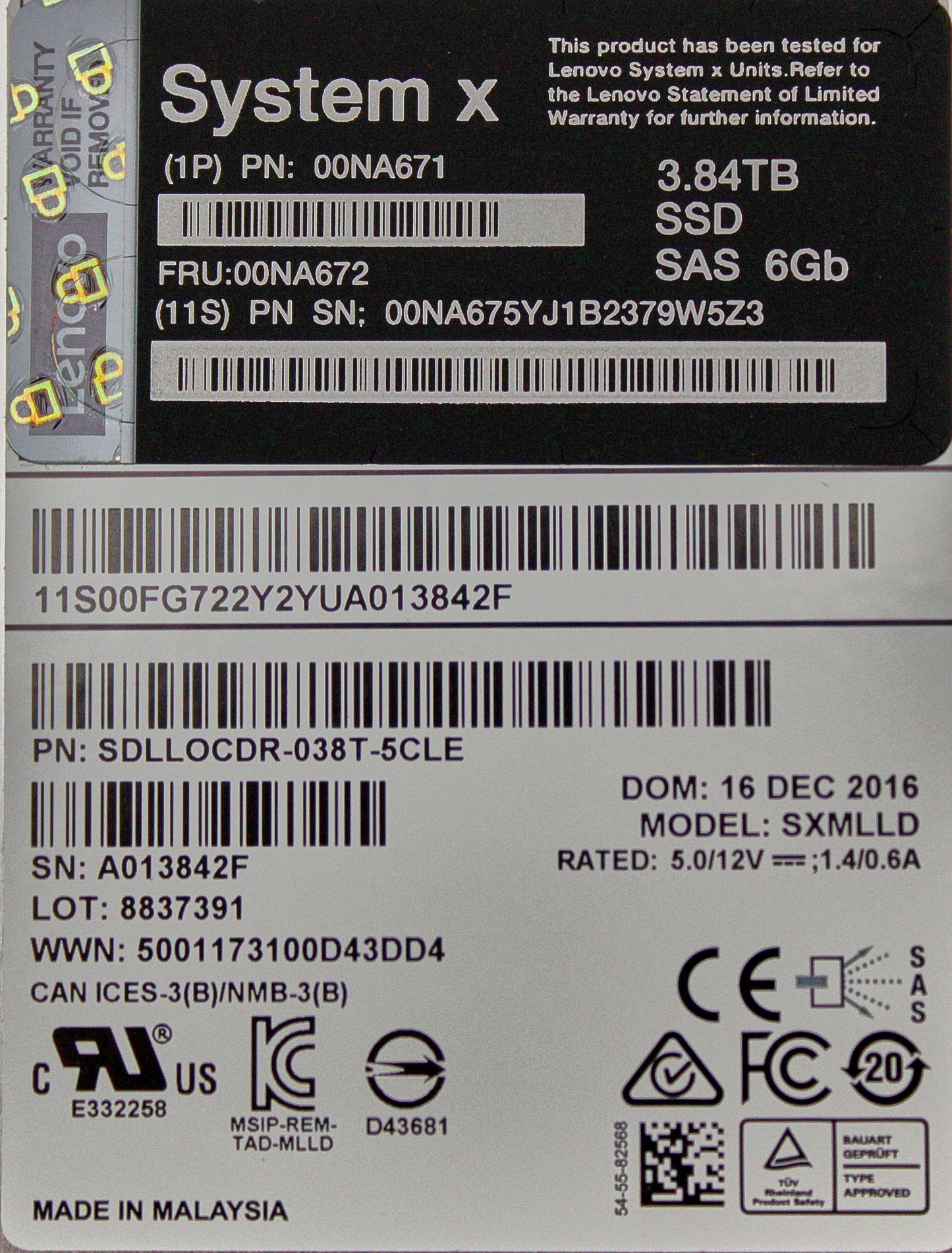 Lenovo 00NA672 LENOVO 2.5" 3.84TB SAS 6GB MLC SSD, Used