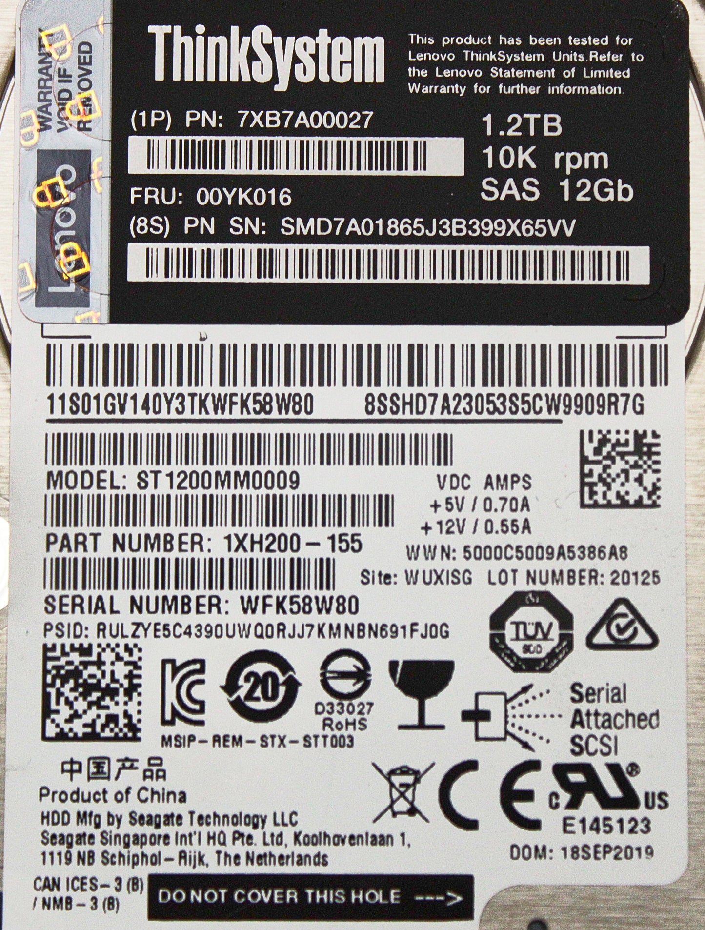 Lenovo 00YK016 1.2TB 10K SAS 12G 2.5" HDD, Used