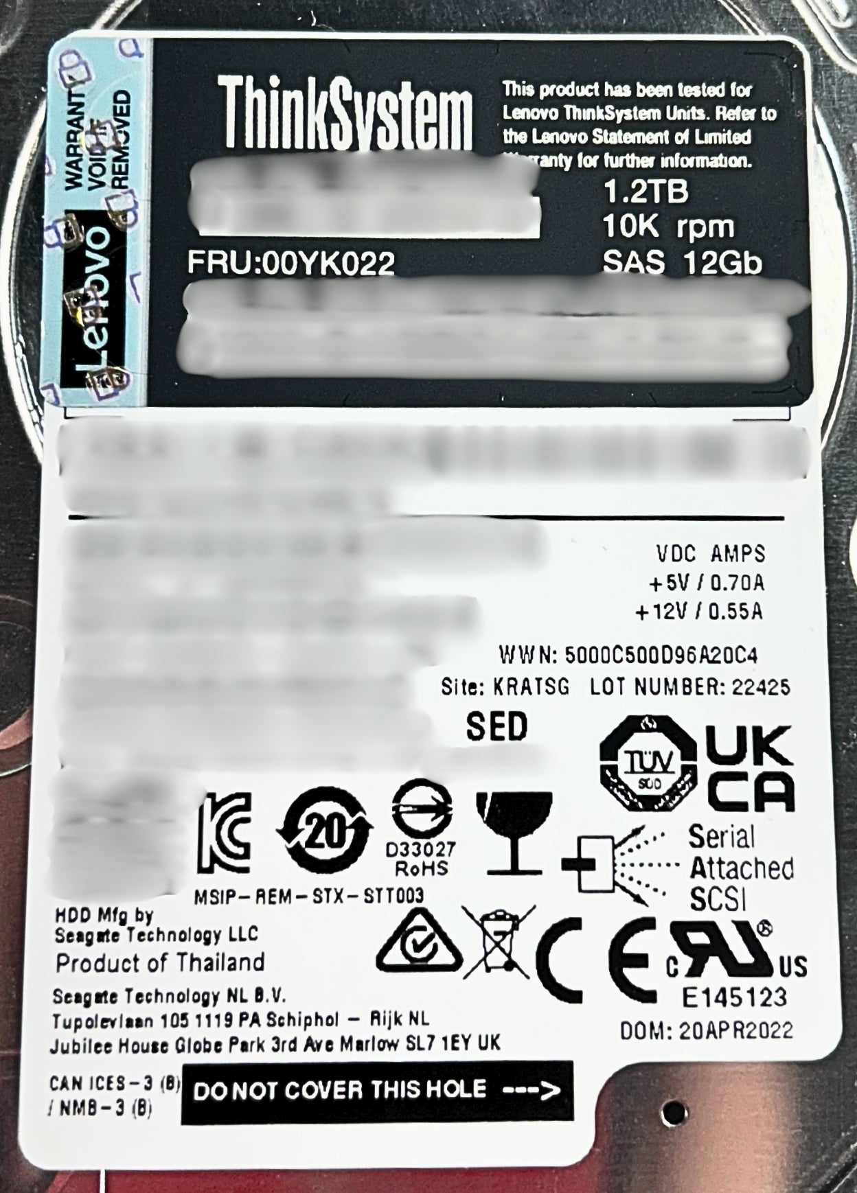 Lenovo 00YK022 1.2TB 10K 2.5 Inch SAS 12GB SED Hard Disk Drive, Used