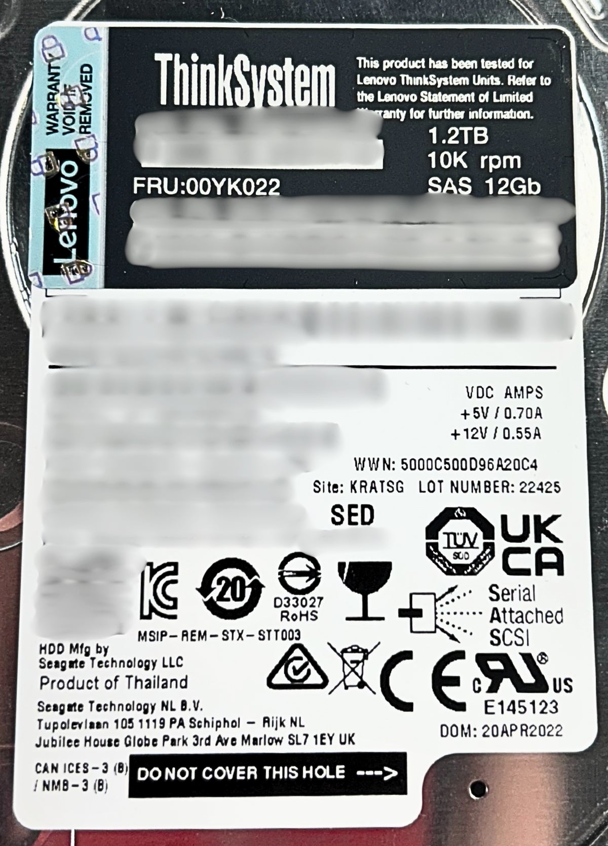 Lenovo 00YK022 1.2TB 10K 2.5 Inch SAS 12GB SED Hard Disk Drive, Used