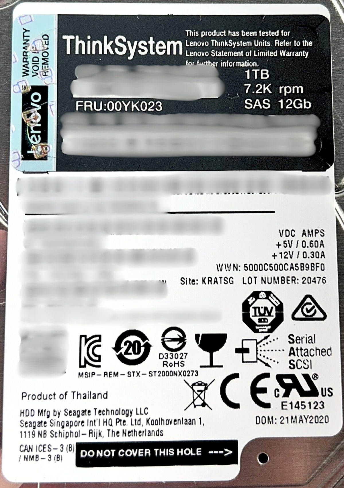 lenovo 00YK023 1TB 7.2K 2.5" SAS 12G 512N HDD, Used