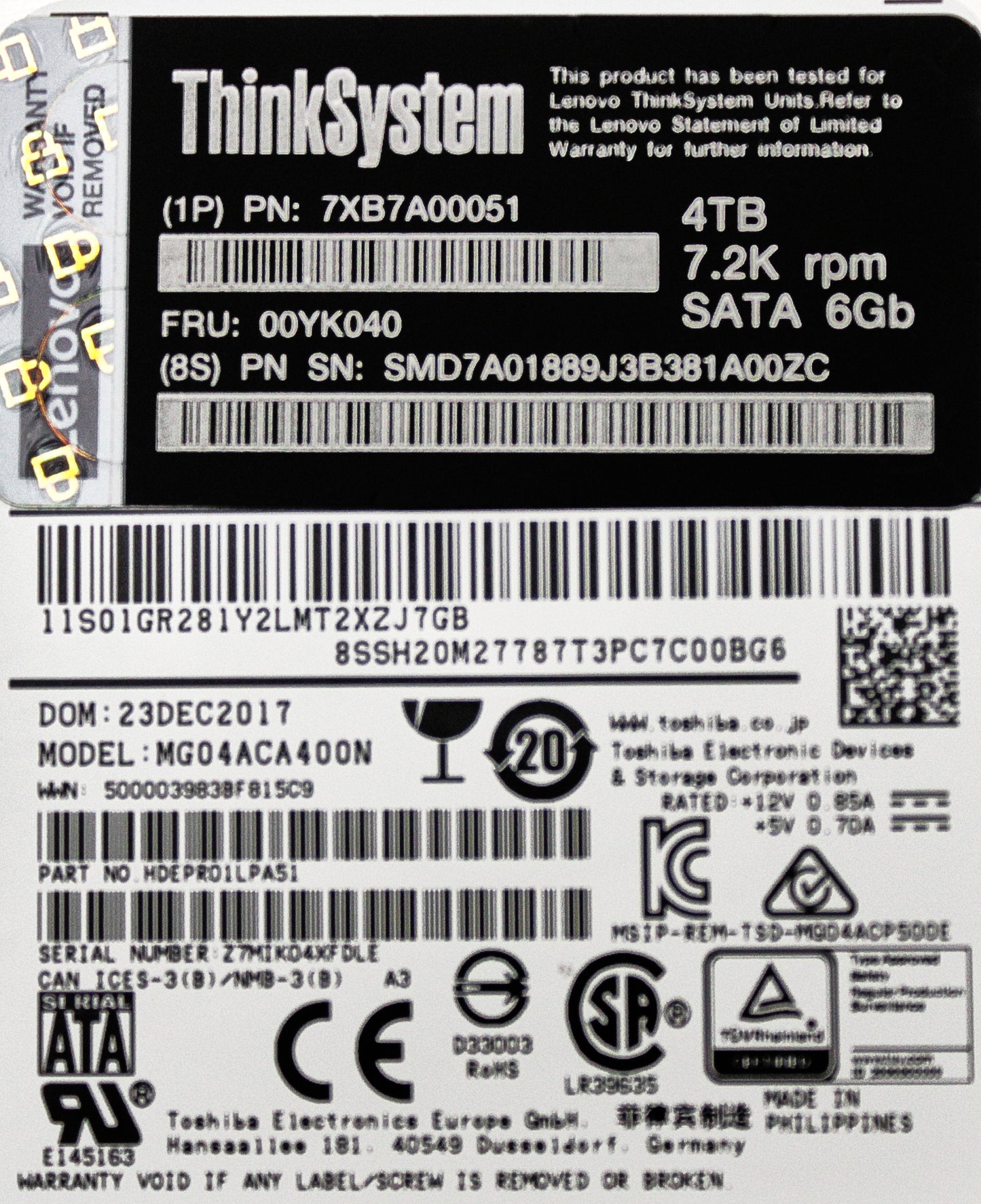 Lenovo 00YK040 4TB 7.2K 3.5" SATA 512N HDD, Used