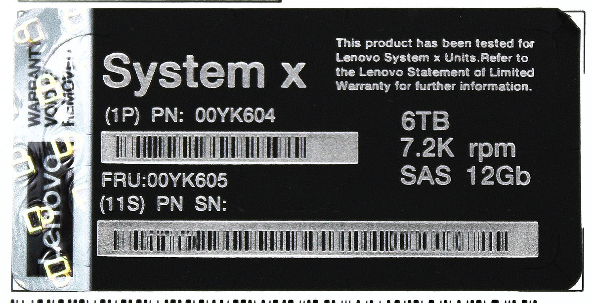 Lenovo 00YK605 6TB 7.2K 12G SAS 3.5" HDD, Used