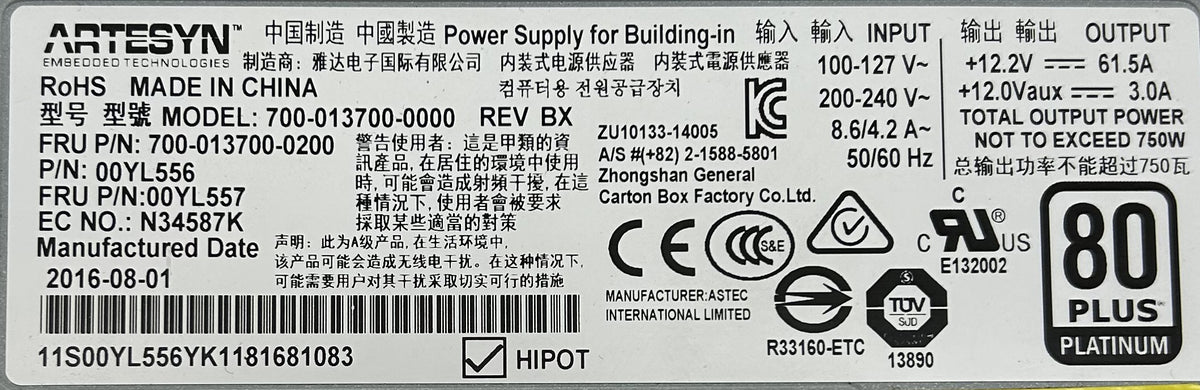 Lenovo 00YL557 750W HIGH EFFICIENCY PLATINUM PSU, Used