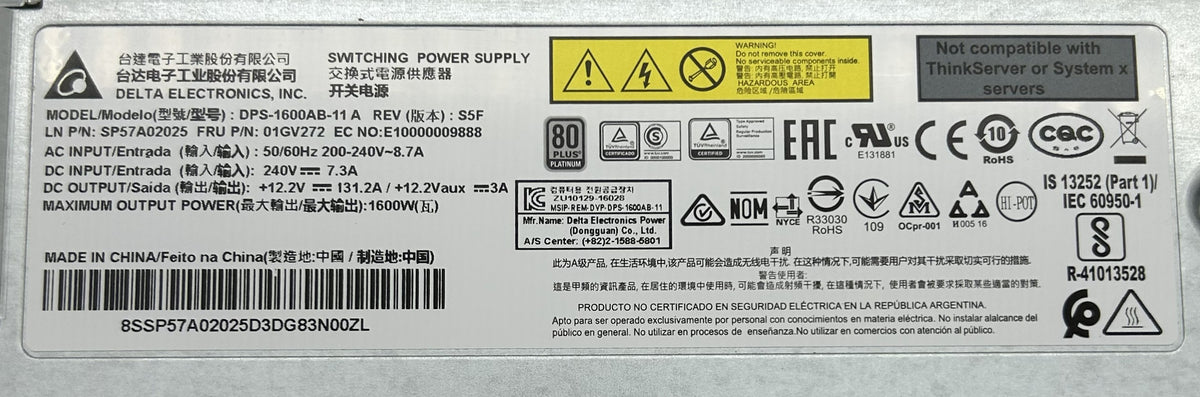 Lenovo 01GV272 1600W PLATINUM HOT SWAP PSU SR650, Used