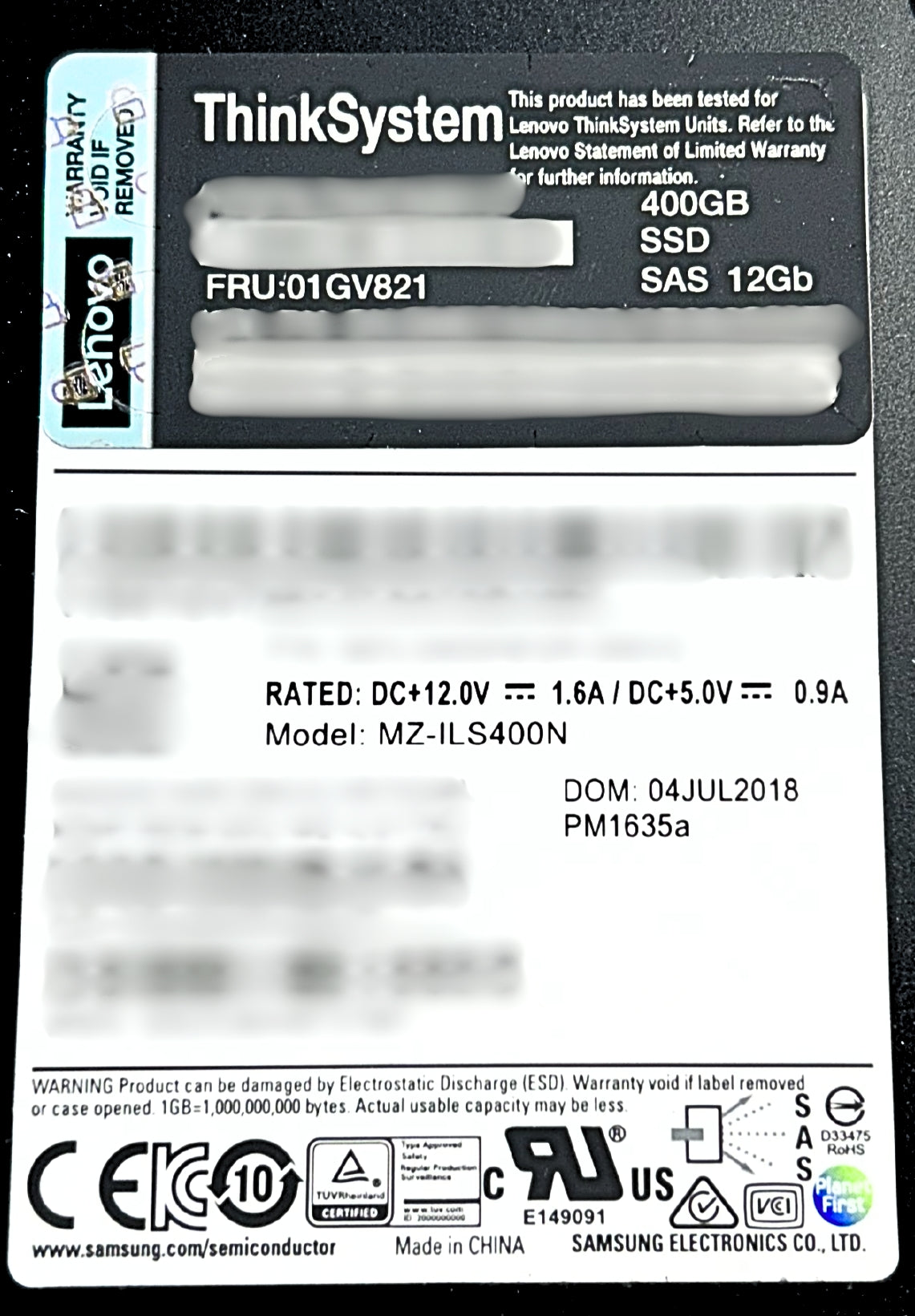 Lenovo 01GV821 ThinkSystem 2.5in PM1635a 400GB Mainstream SAS 12Gb HS SSD, Used