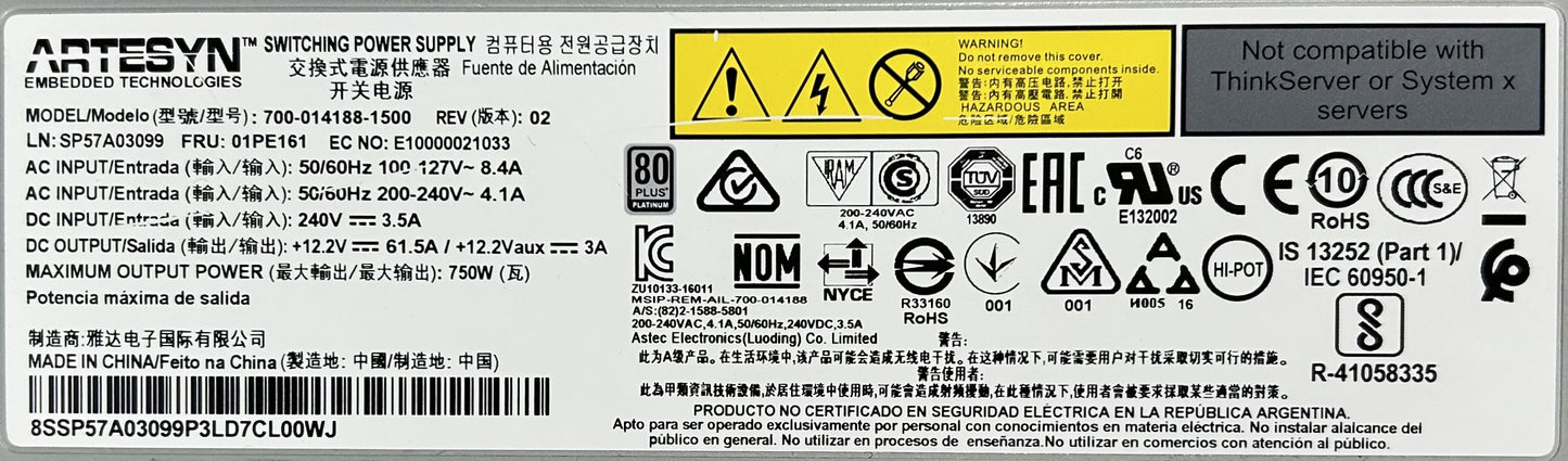 Lenovo 01PE161 750W PLATINUM 230/115V PLATINUM PSU, Used