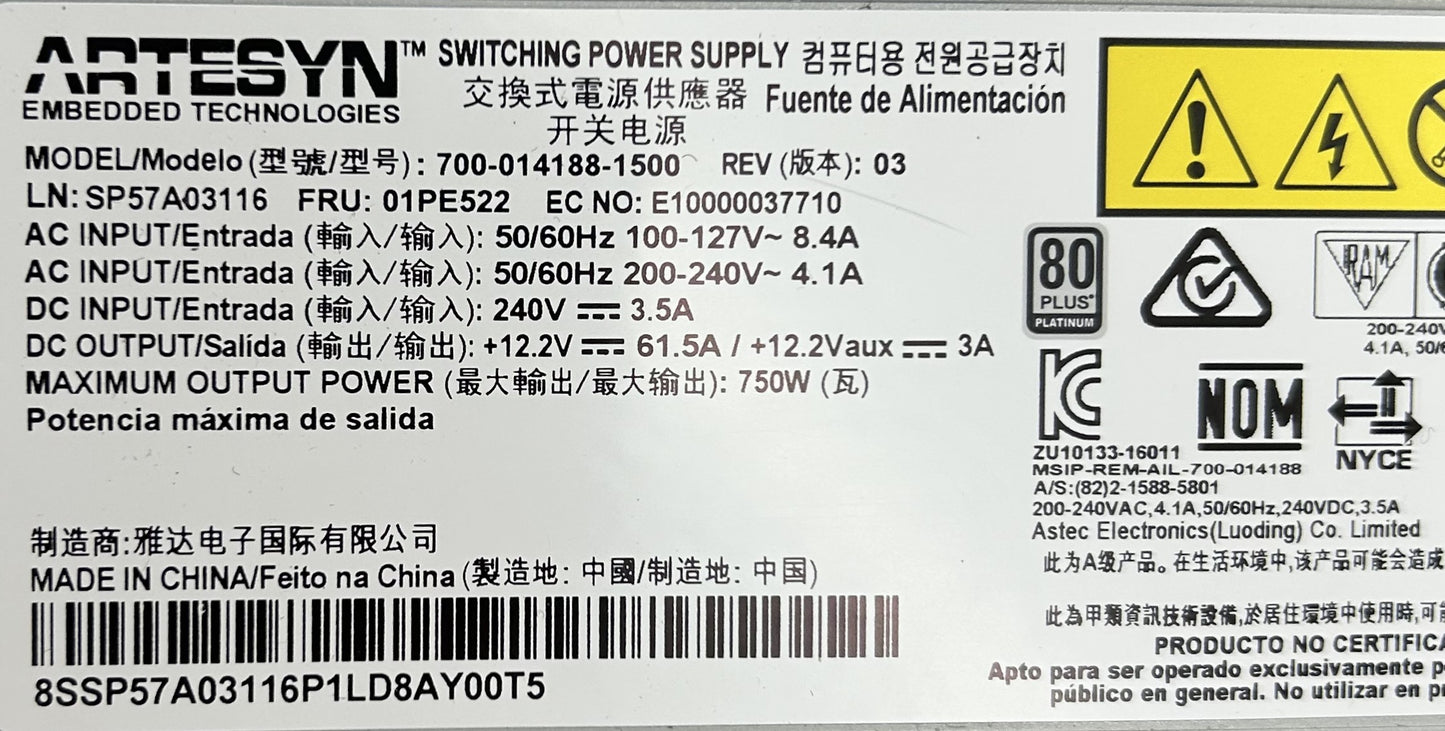 Lenovo 01PE522 750W PLATINUM 230/115V PLATINUM PSU, Used