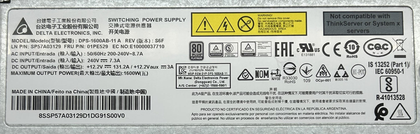 Lenovo 01PE529 1600W PLATINUM HOT SWAP PSU SR650, Used