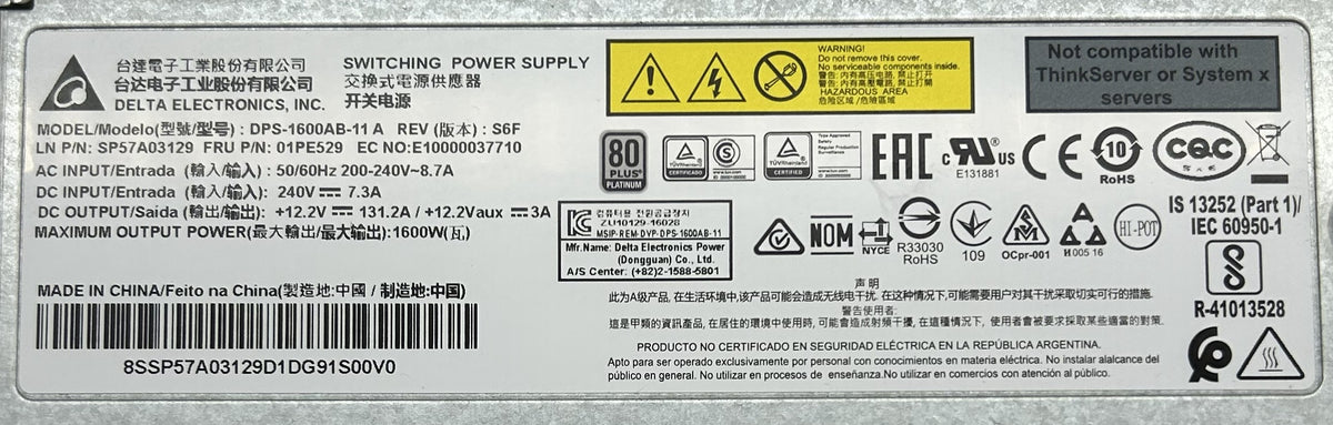 Lenovo 01PE529 1600W PLATINUM HOT SWAP PSU SR650, Used