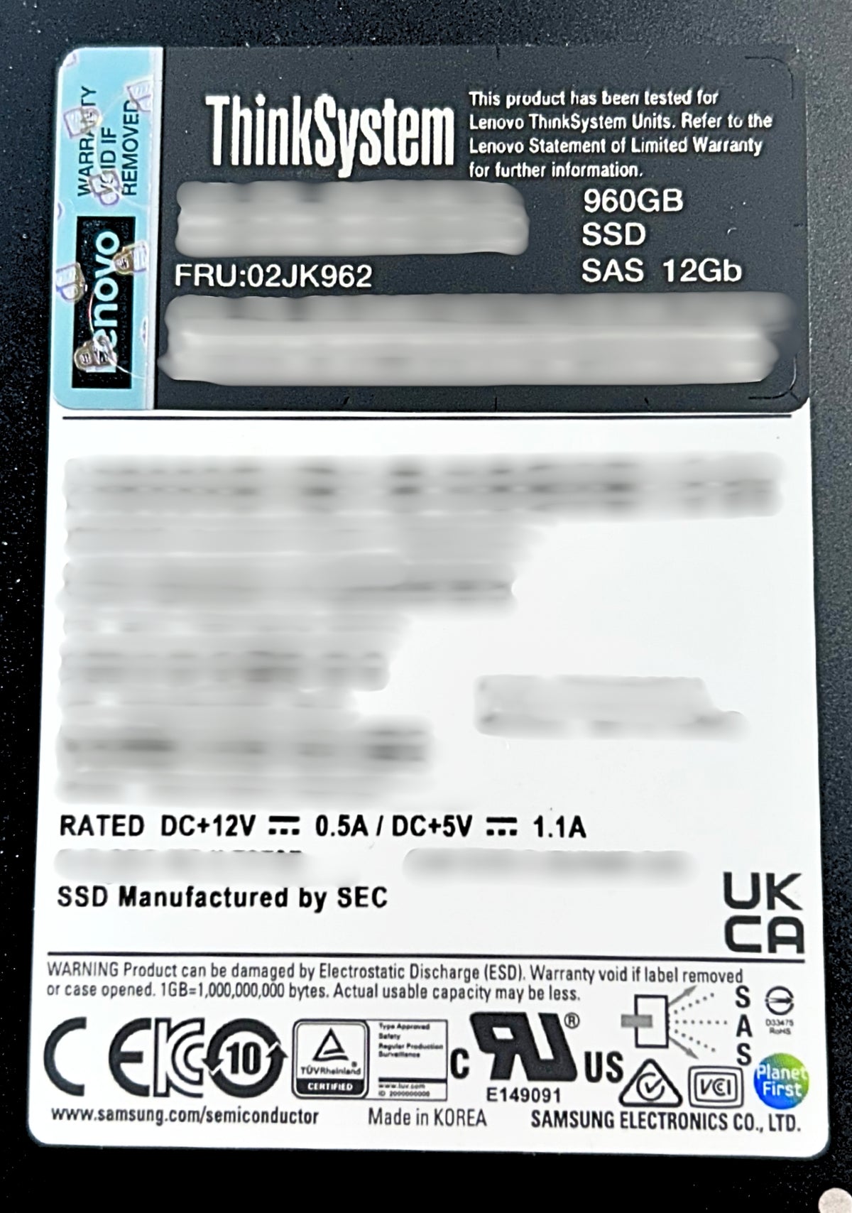 Lenovo 02JK962 PM1643A 960GB SAS 12G 2.5" SSD, Used