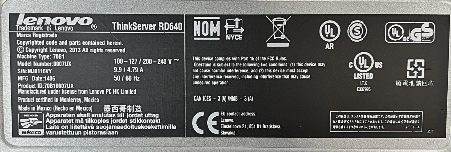 Lenovo RD640 Lenovo ThinkServer RD640 CTO, Used