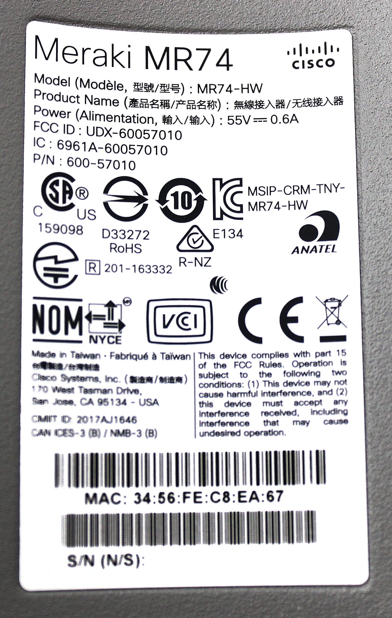 Meraki MR74-HW Dual-Band 2X2 MIMO 802.11AC WAVE 2T, New Open Box
