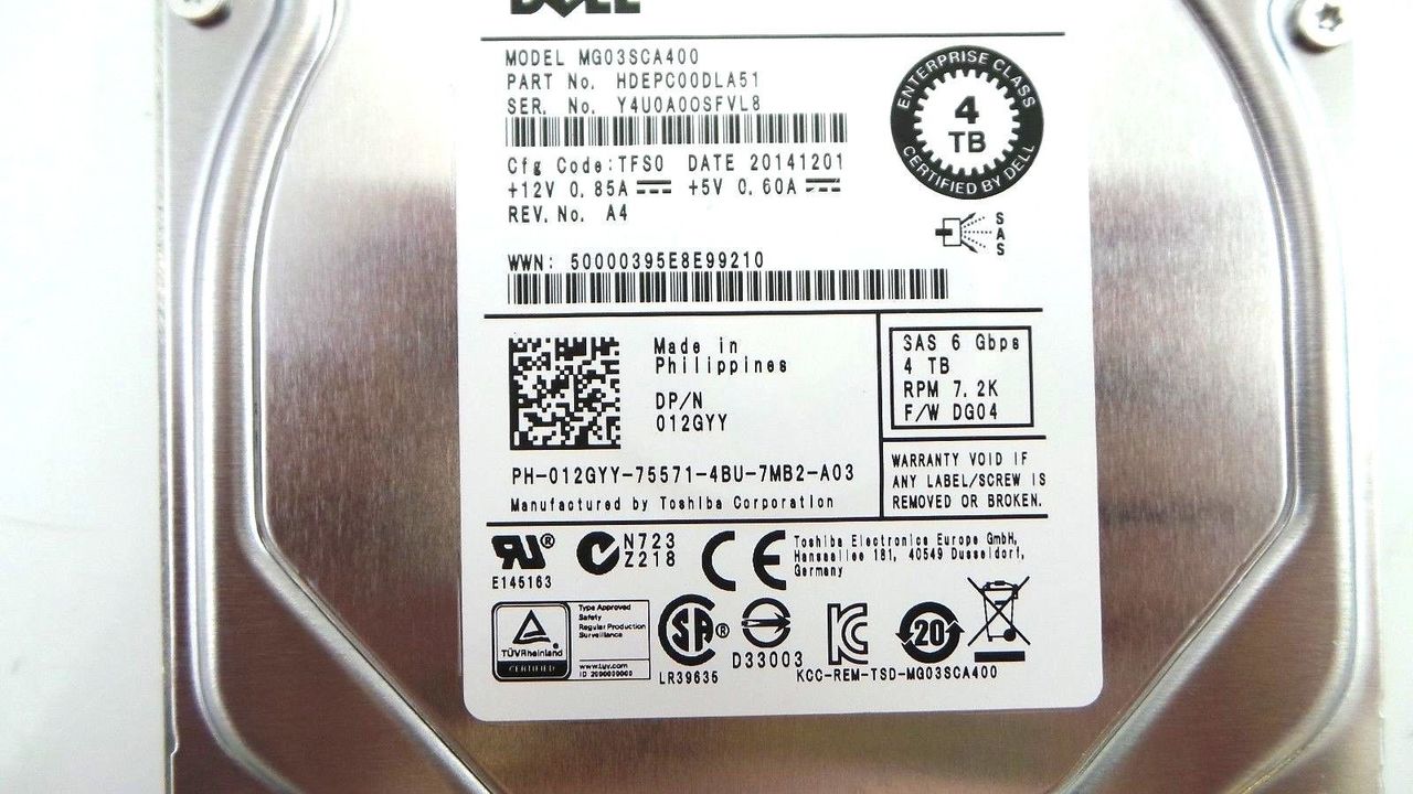 Toshiba MG03SCA400 Toshiba MG03SCA400 4TB 7.2K SAS 3.5" 6G EP HDD Dell HDEPC00DLA51 Hard Drive, Used