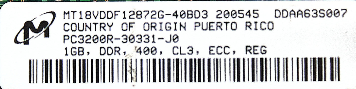 Micron MT18VDDF12872G-40BD3 1GB PC-3200R DDR-400 1RX4 ECC, Used