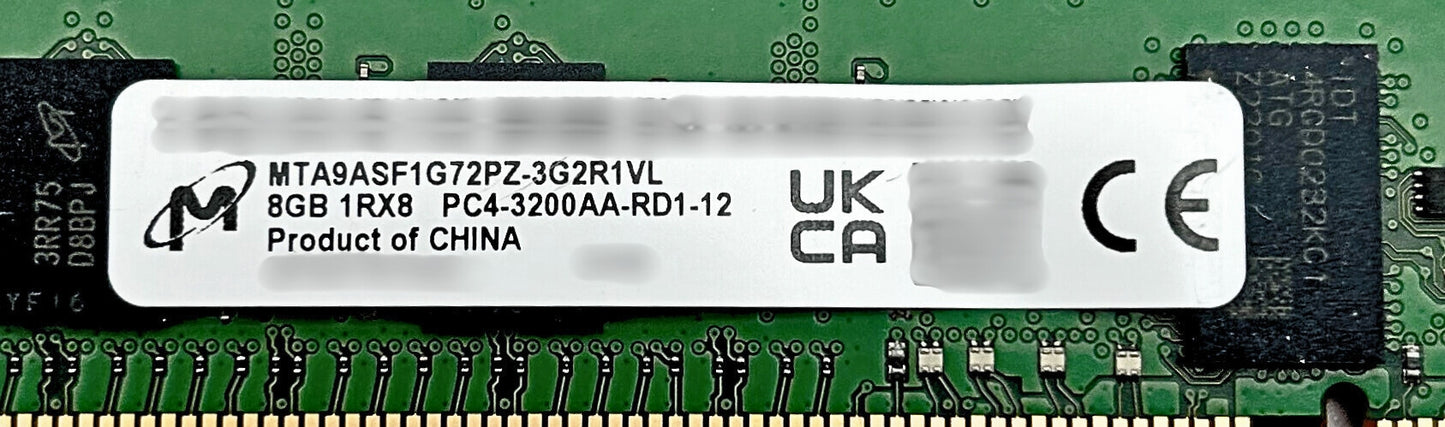 Micron MTA9ASF1G72PZ-3G2R1 8GB PC4-25600AA DDR4-3200 1RX8 ECC, Used