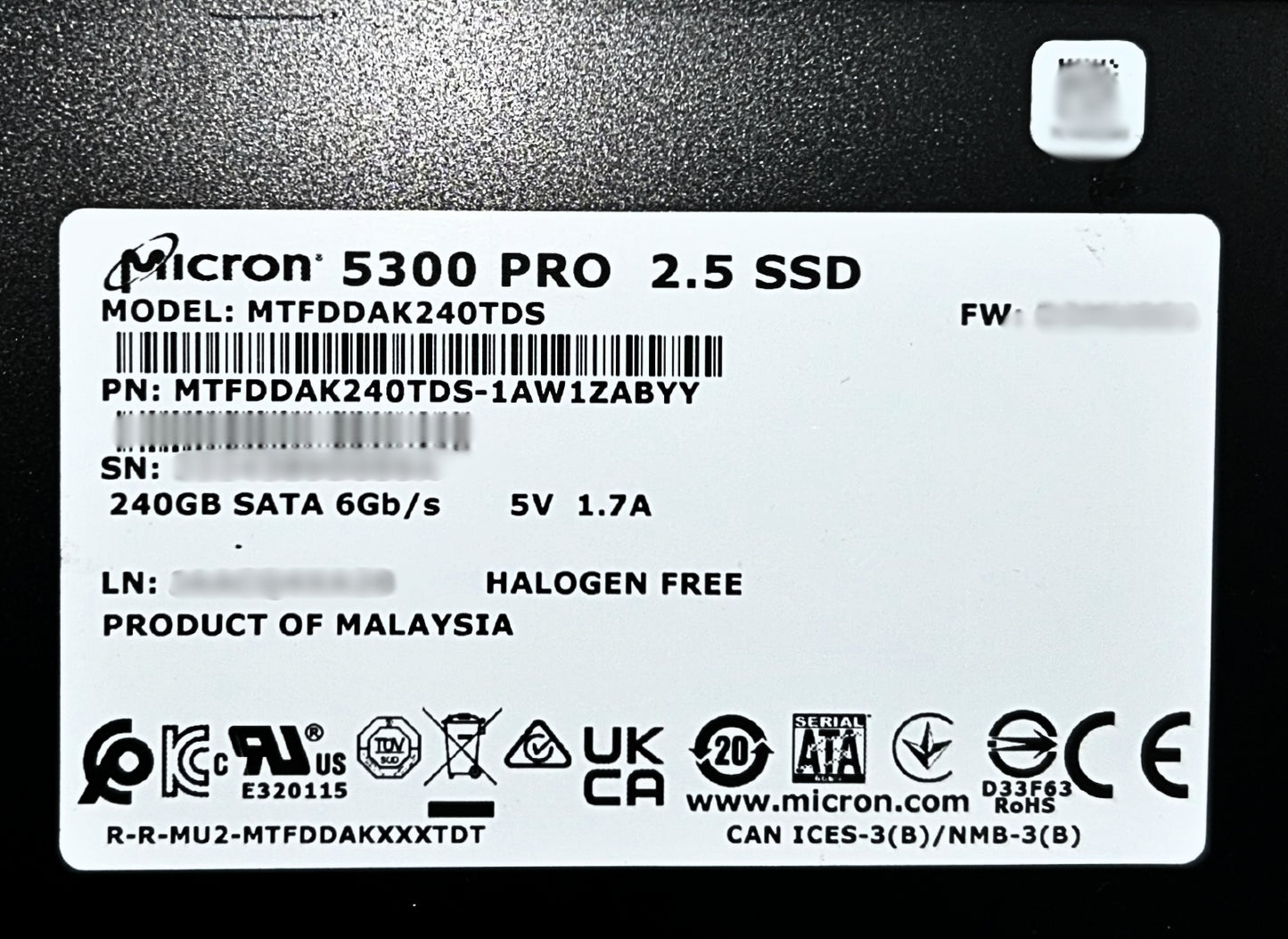 Micron MTFDDAK240TDS 240GB Enterprise Value SATA 6Gb/s 2.5'', Used