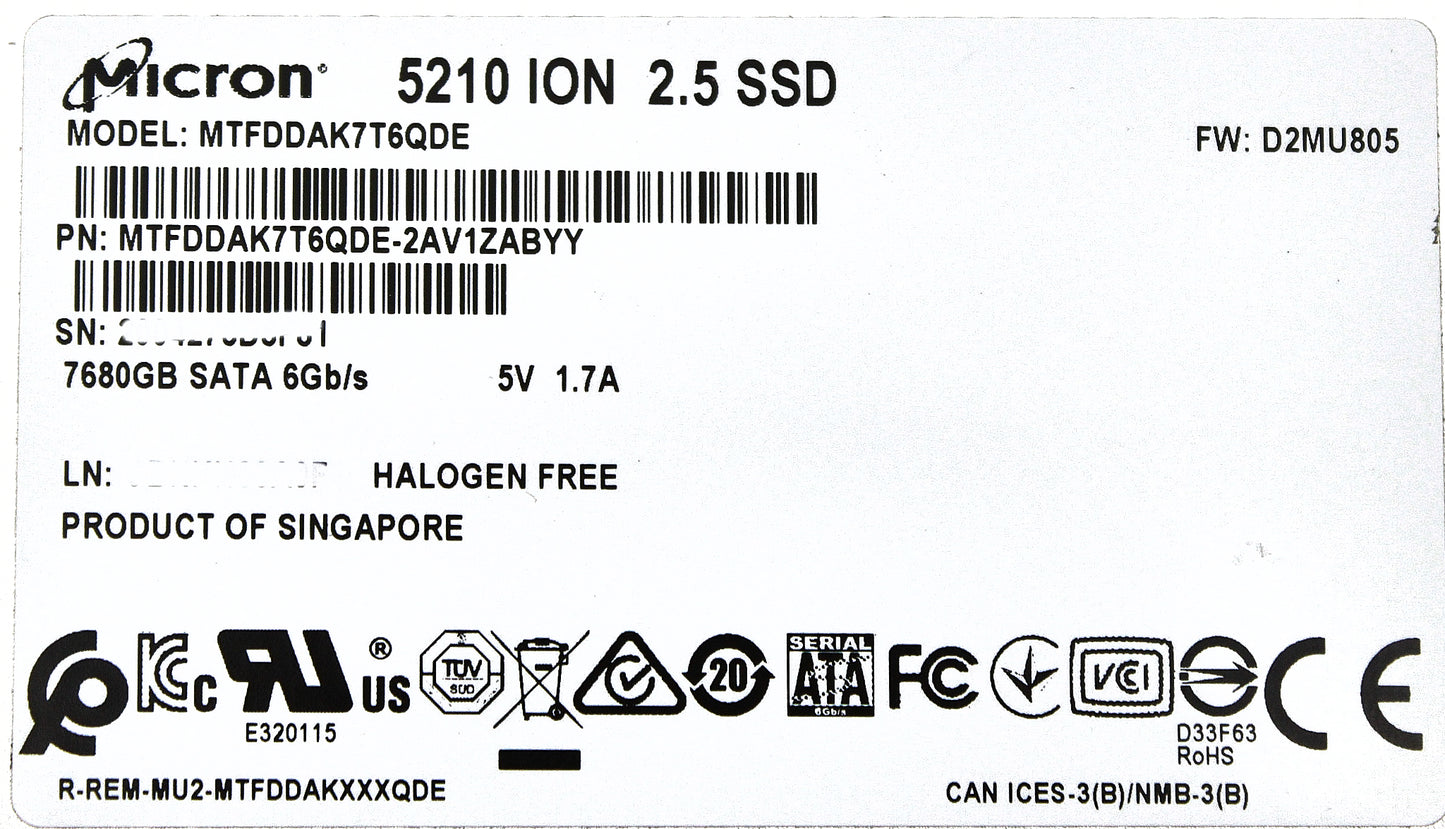 Micron MTFDDAK7T6QDE 7.68TB SSD SATA 2.5 6G RI, Used