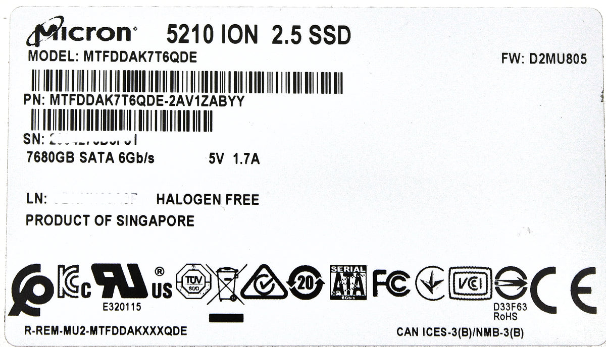 Micron MTFDDAK7T6QDE 7.68TB SSD SATA 2.5 6G RI, Used