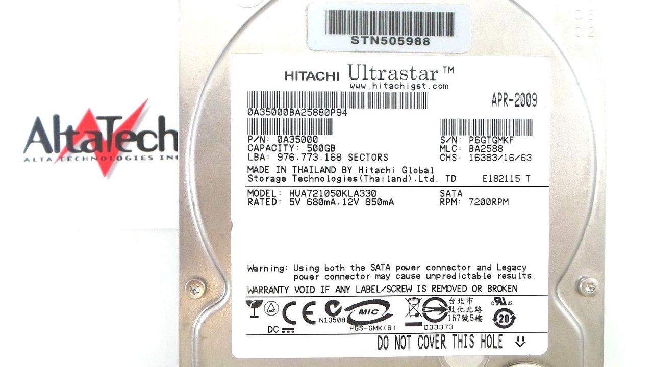 NetApp HUA721050KLA330 Hitachi Ultrastar 500GB 7.2K SATA 3.5" Hard Drive, Used