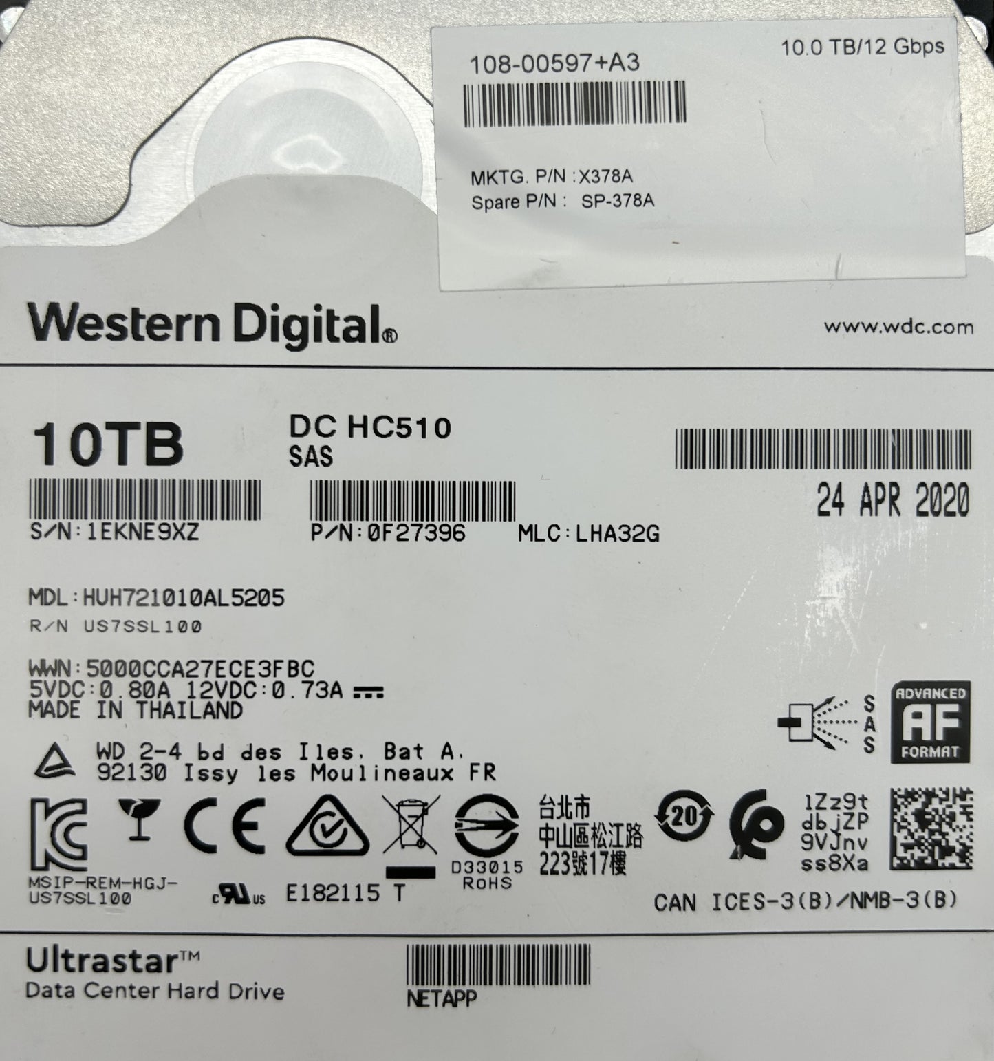 NetApp X378A 10TB 7.2K 3.5" NSE HDD DS460C, Used