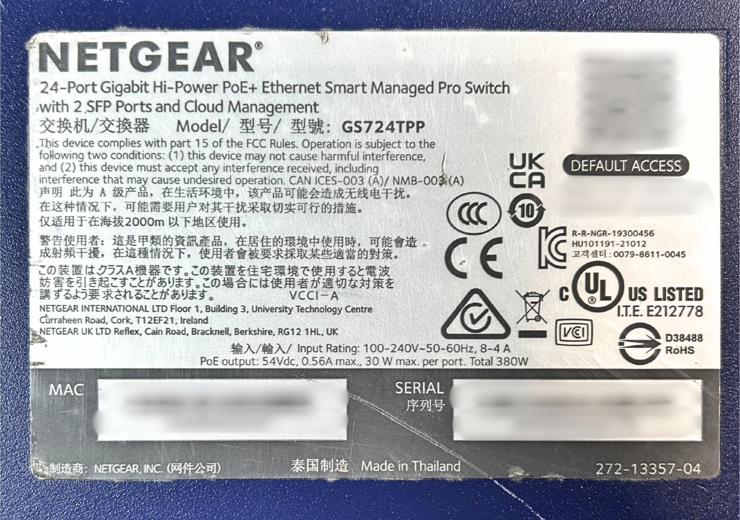 NETGEAR GS724TPP NetGear 24-Port GE PoE plus Managed Smart Switch, Used