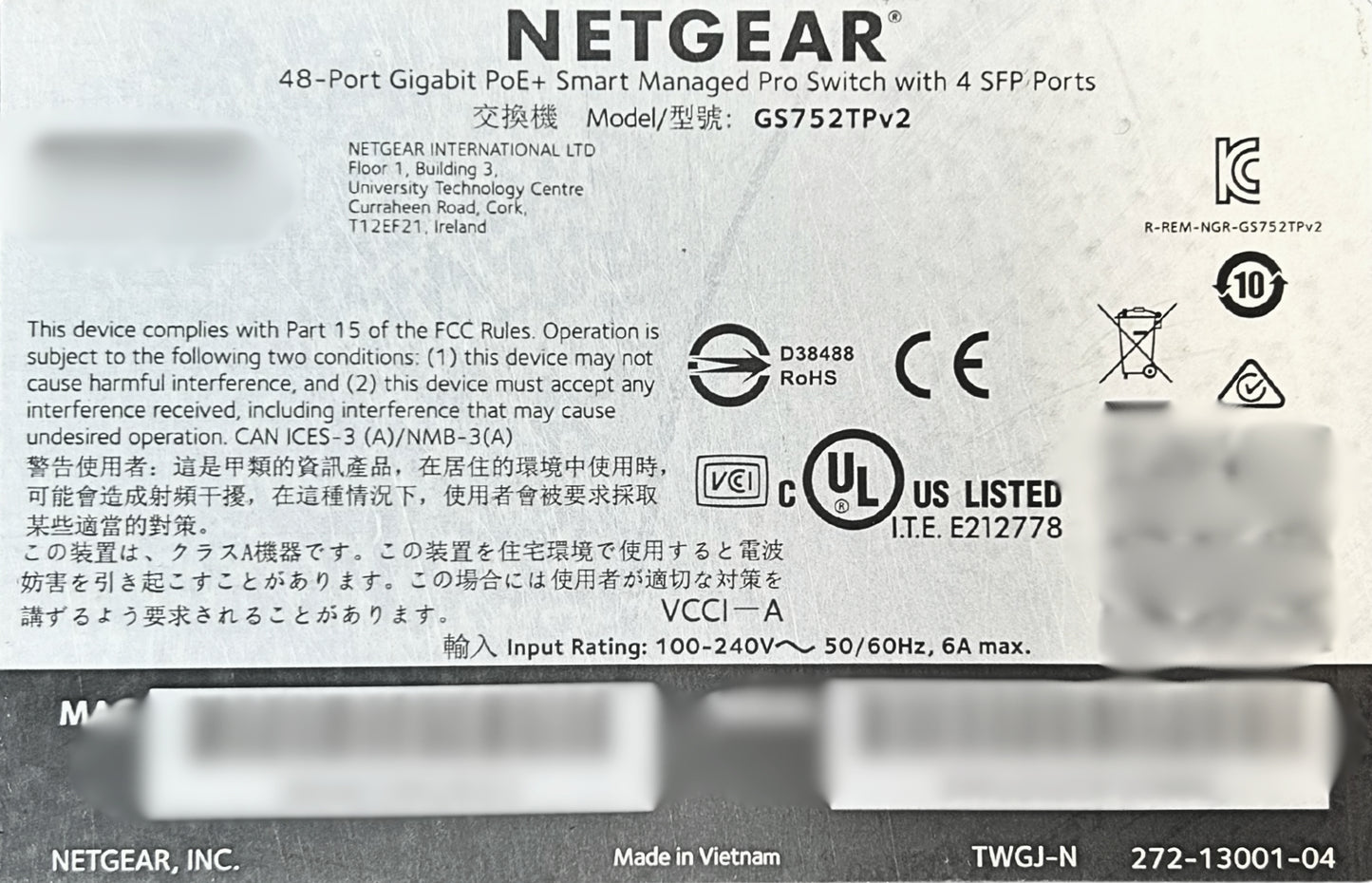 NETGEAR GS752TP 52-Port Gigabit Ethernet Smart Switch with 4 SFP Ports, Used