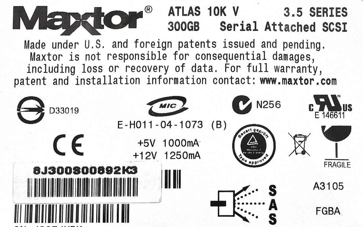 Matrox 8J300S00892K3 Maxtor 8J300S00892K3 Atlas 300GB 10K SAS 3.5" HDD EQL HDD Hard Drive, Used