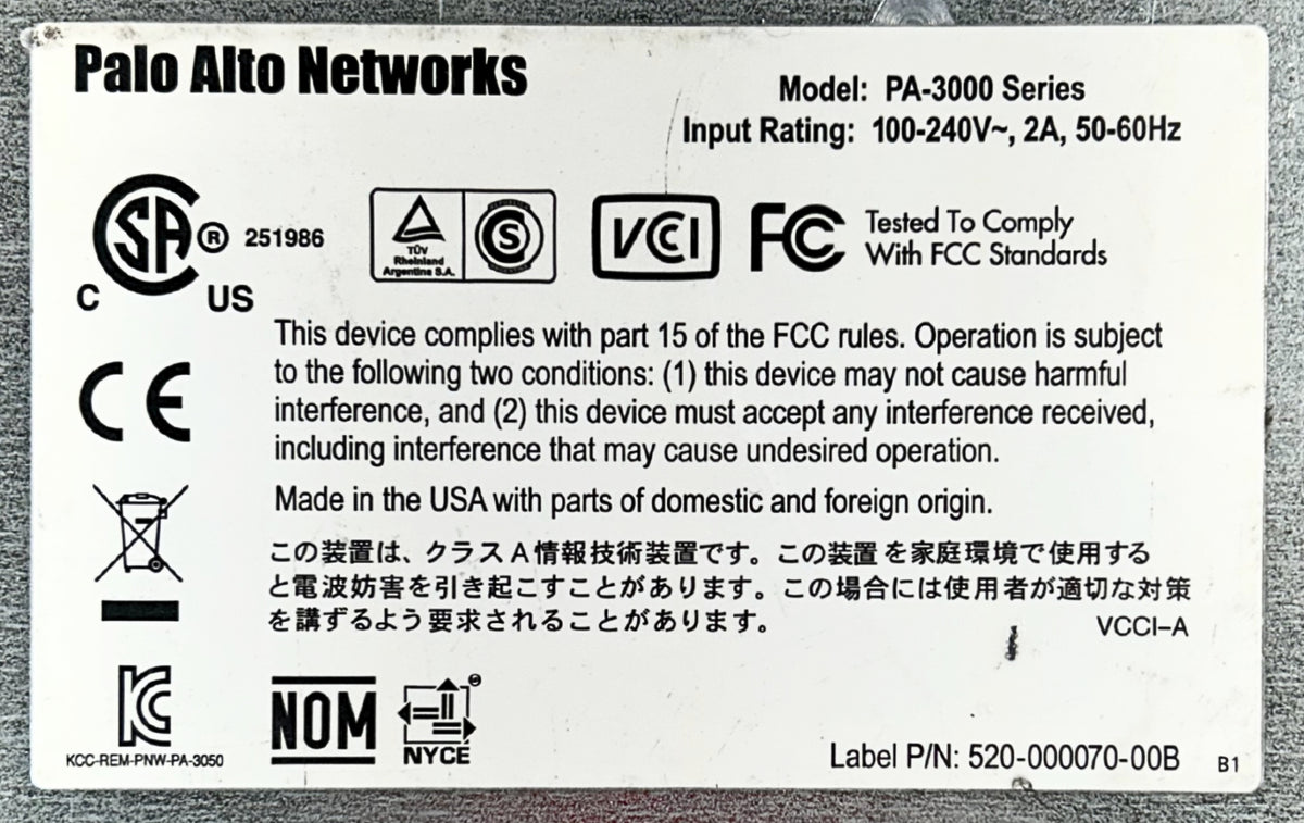 Palo Alto PA-3020 FIREWALL PA3020 Device, Used
