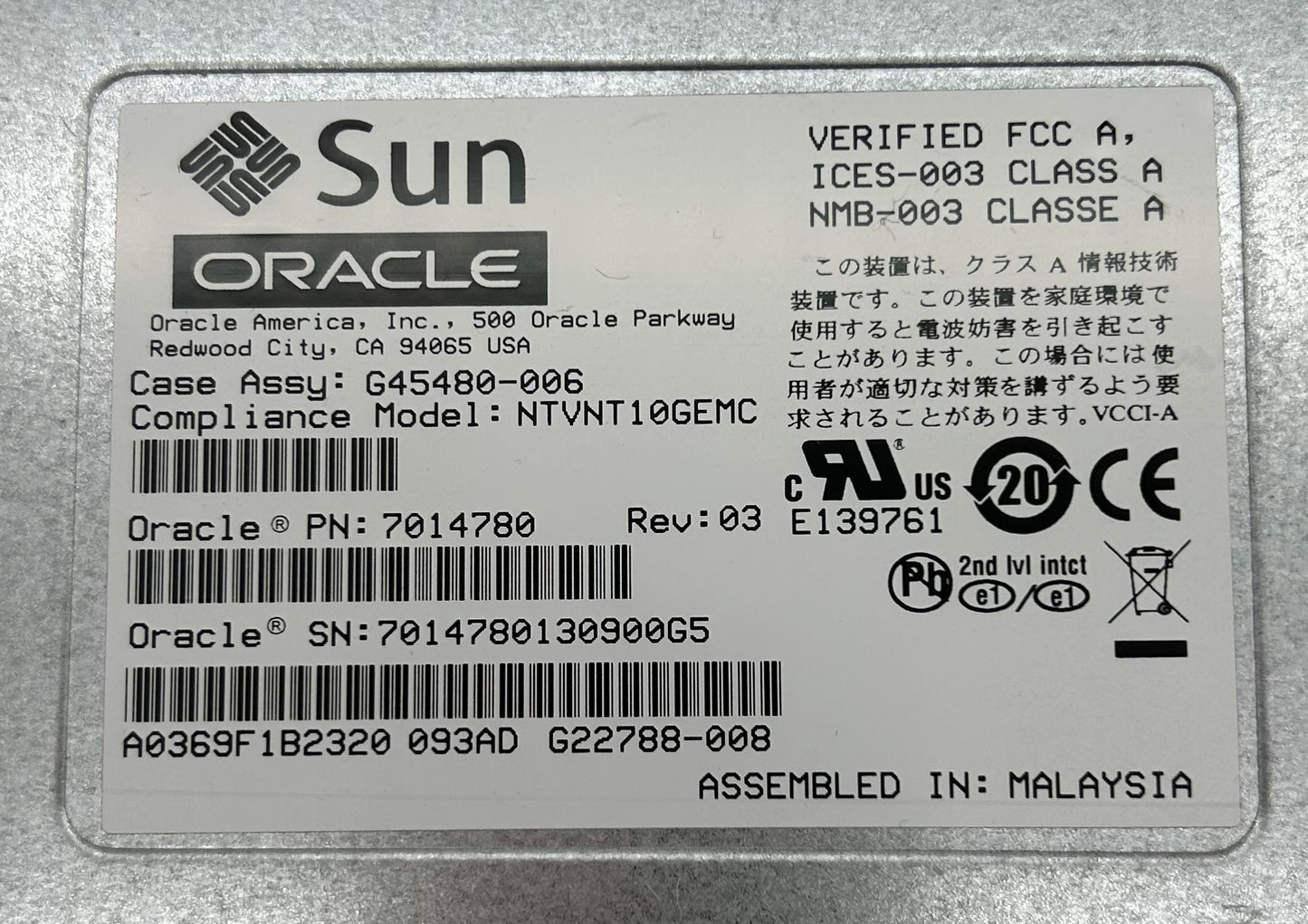 Oracle 7014780 DUAL 10GB BASE-T PCIE 2.0, Used