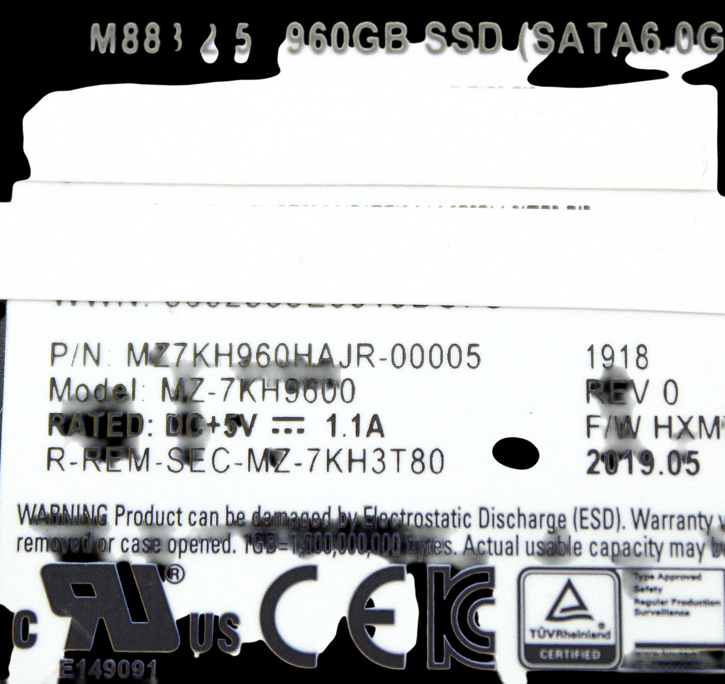 Samsung MZ-7KH9600 SAMSUNG PM883 960GB SATA 6GBPS 2.5", Used