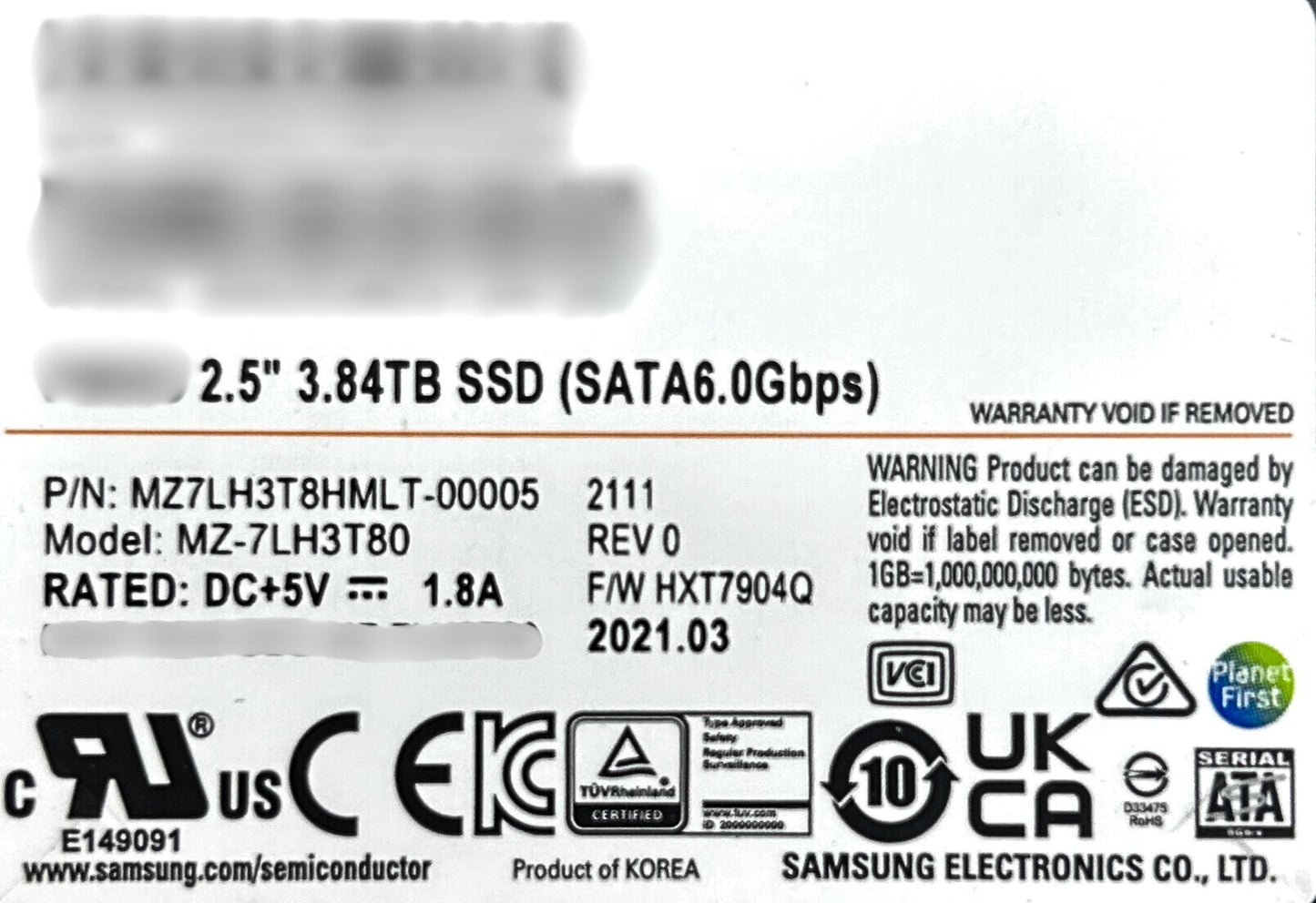Samsung MZ-7LH3T80 3.84TB SSD SATA 6G 2.5 RI SFF SC PM883, Used