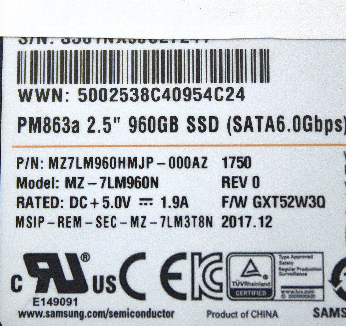 Samsung MZ-7LM960N 960GB SSD SATA 2.5 6G MZ-7LM960N, Used