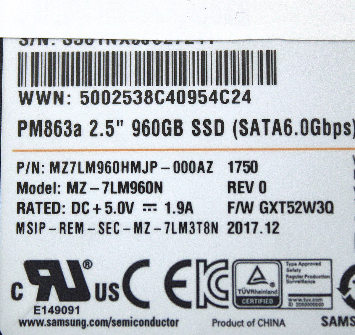 Samsung MZ-7LM960N 960GB SSD SATA 2.5 6G MZ-7LM960N, Used