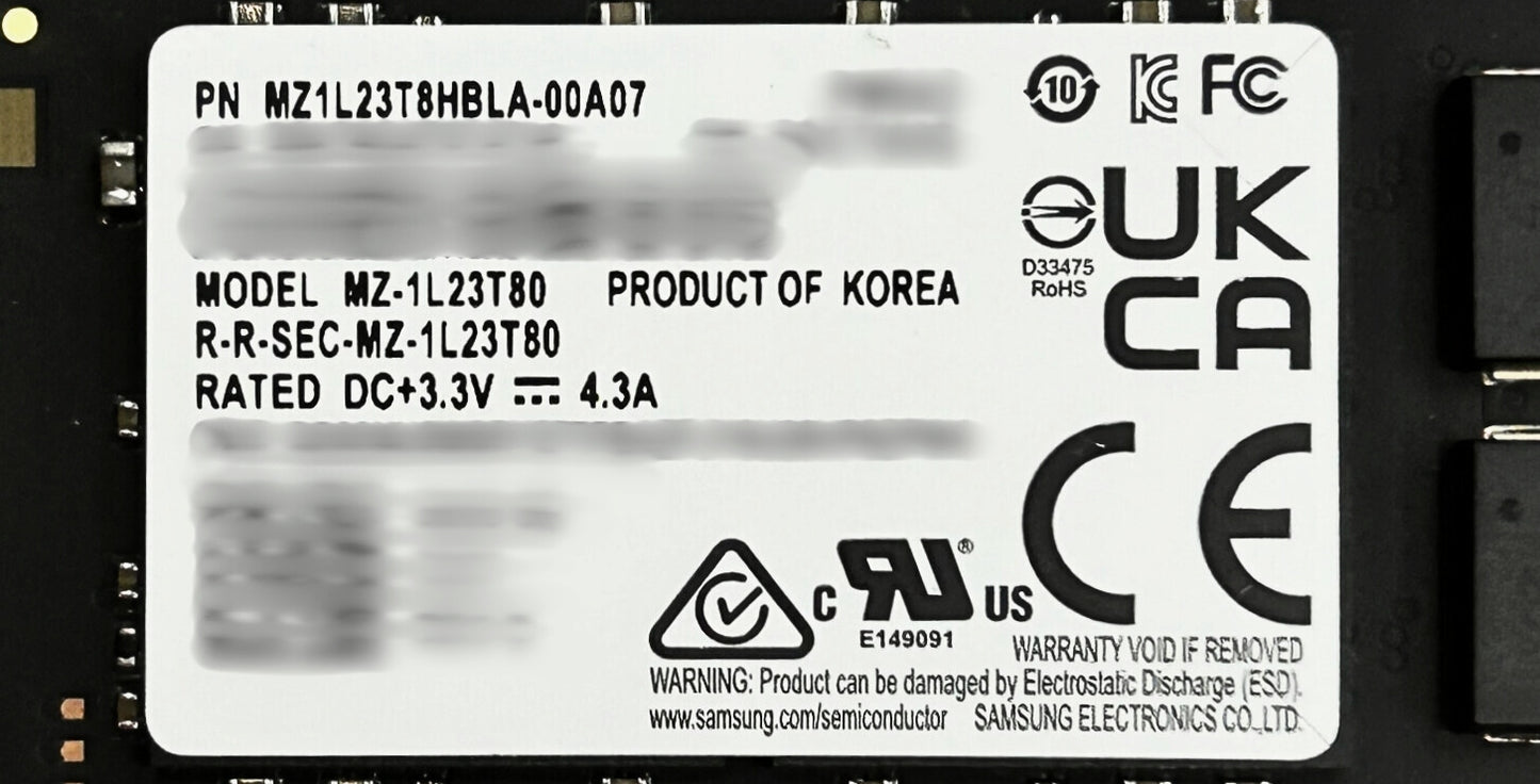 Samsung MZ1L23T8HBLA-00A07 3.84TB NVME SSD GEN4 M.2 22110 SED PM9A3, Used