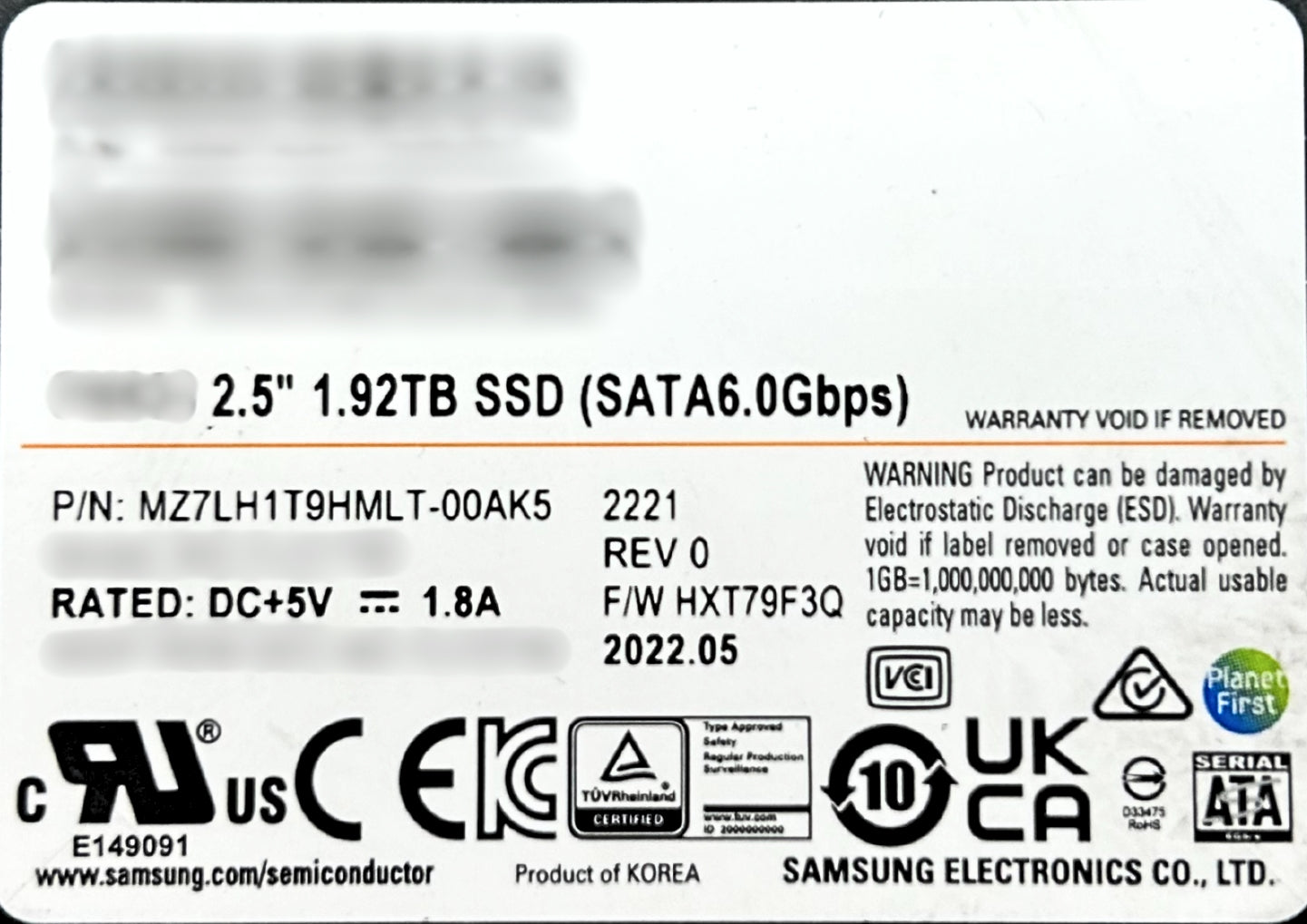Samsung MZ7LH1T9HMLT-00AK5 1.92TB SSD 2.5 SATA PM883 6Gb/s, Used