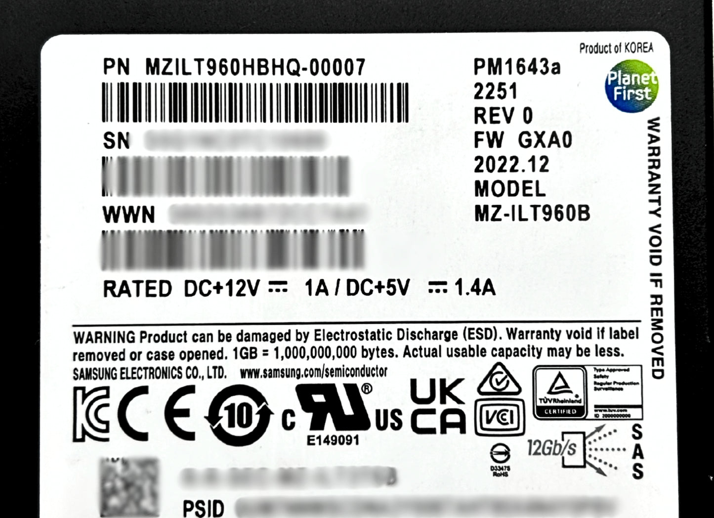 Samsung MZILT960HBHQ PM1643A 960GB SAS 12G 2.5" SSD Solid State Drive, Used