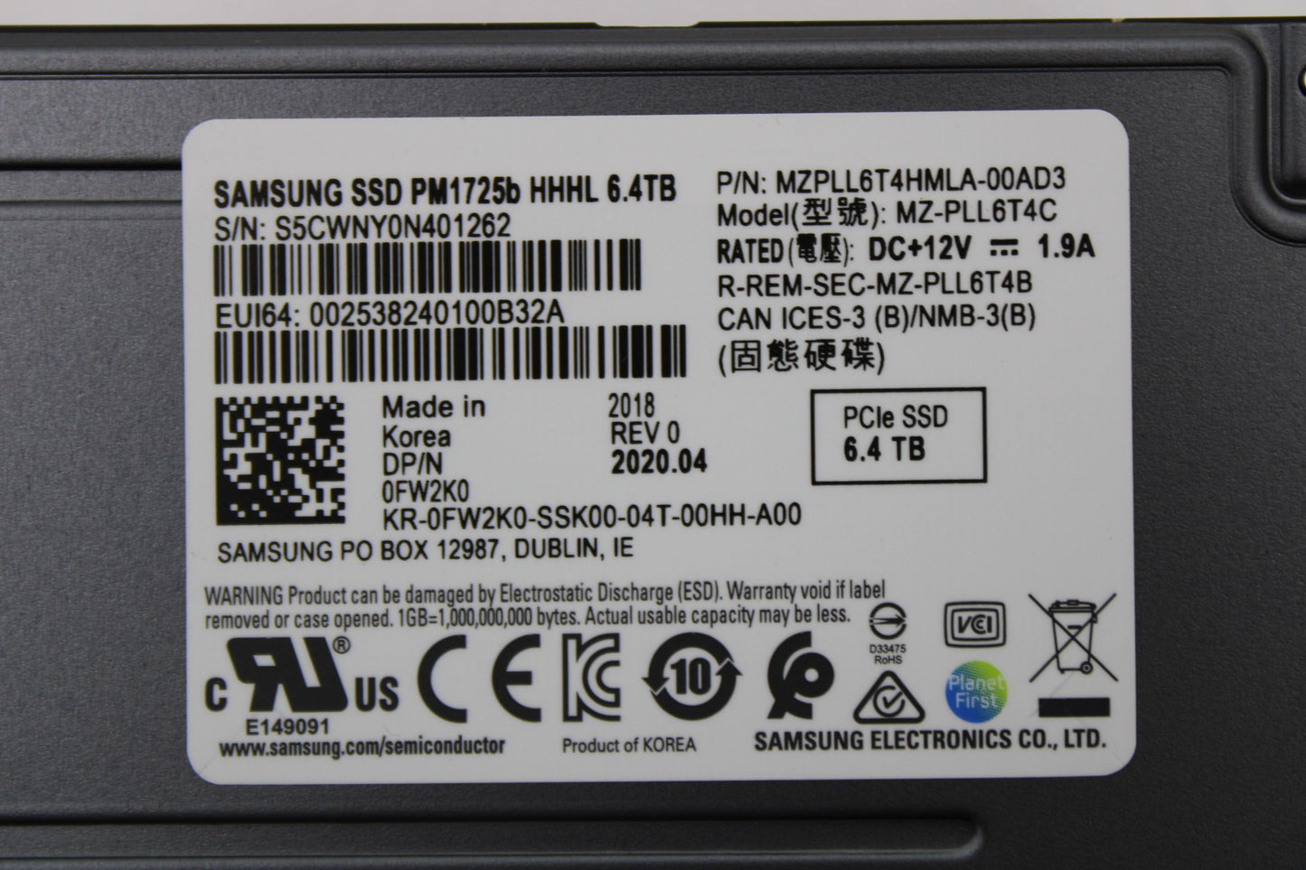 Samsung MZPLL6T4HMLA-00AD3_NEW 6.4TB SSD NVME PCIE HHHL MU, New Sealed