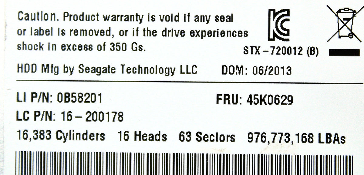 Seagate 45K0629 500GB 7.2K 3.5" SATA HDD Hard Disk Drive, Used