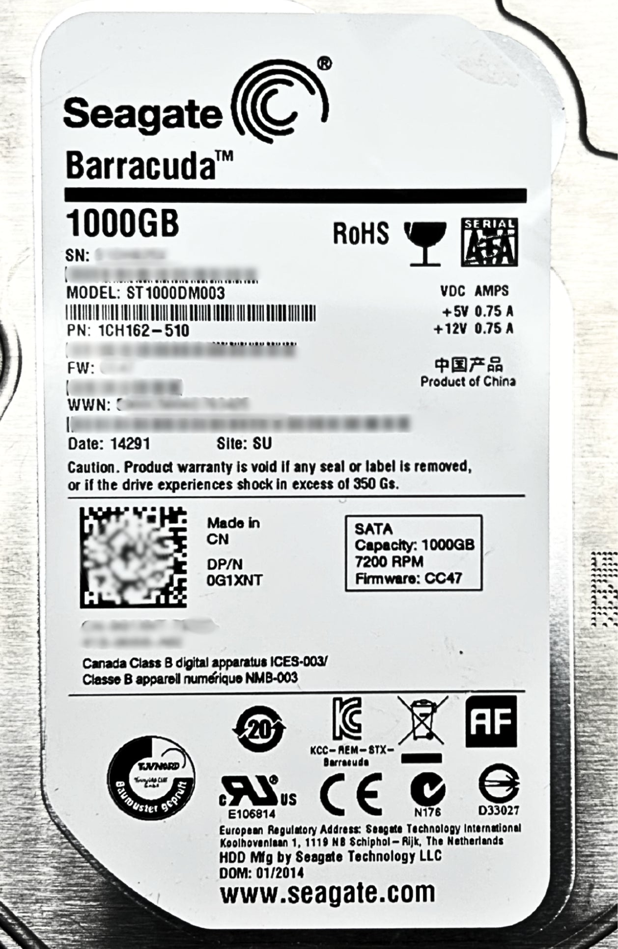 Seagate ST1000DM003 1TB 7.2K SATA 3.5 6G HDD, Used