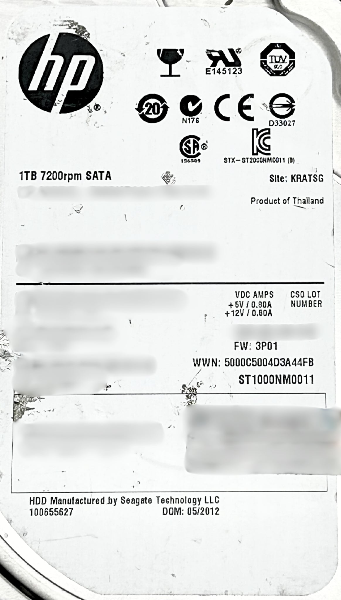 Seagate ST1000NM0011 Seagate ST1000NM0011 1TB 7.2K 3.5" 6G EP HDD Dell 9YZ164-036 Hard Disk Drive, Used