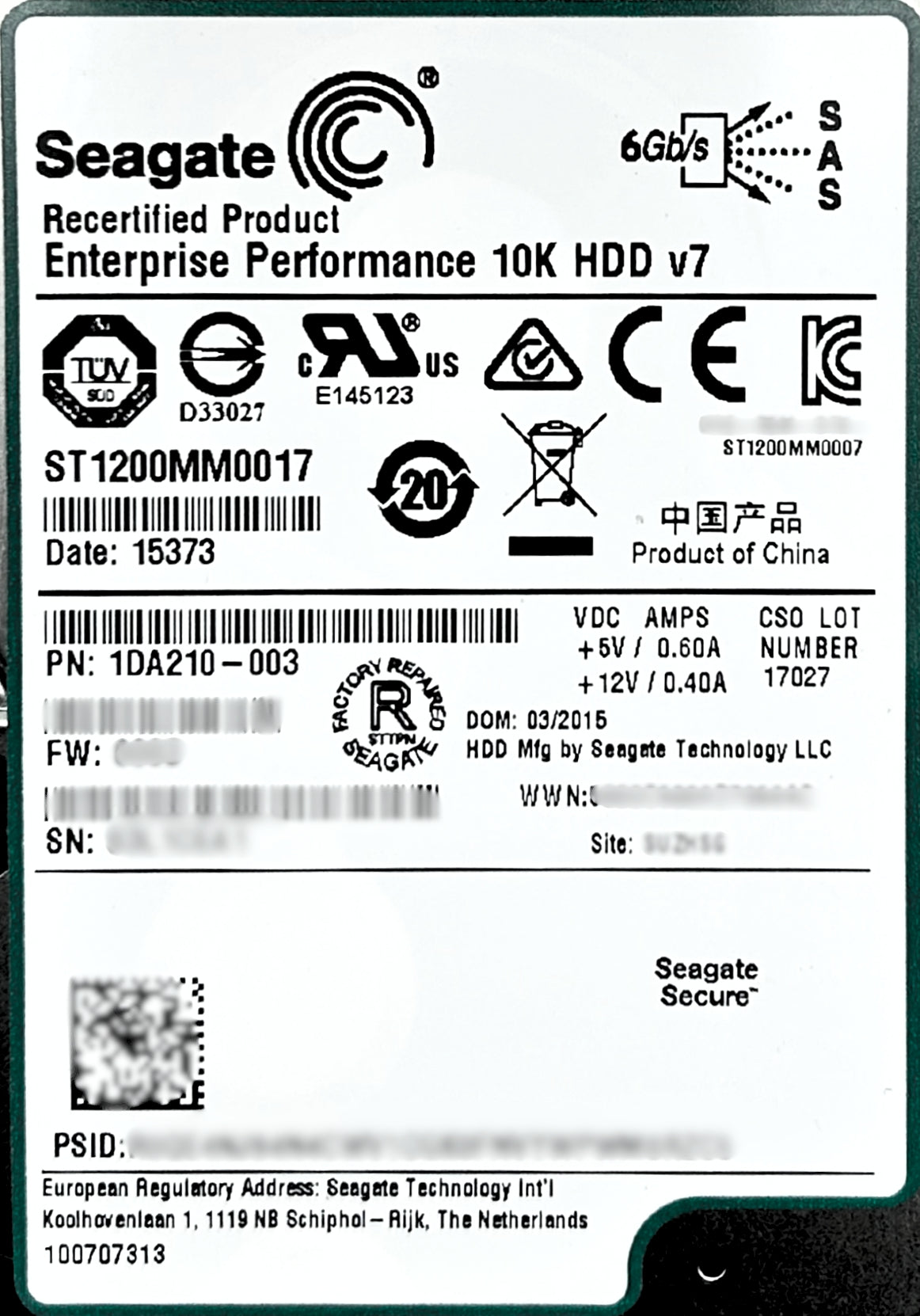 Seagate ST1200MM0017 1.2TB 10K 6G SFF SAS, Used