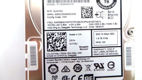 Seagate ST1800MM0783 Seagate ST1800MM0783 1.8TB 10K SAS 2.5 12G EP SED HDD Dell 1GR221-257 Hard Disc Drive, Used