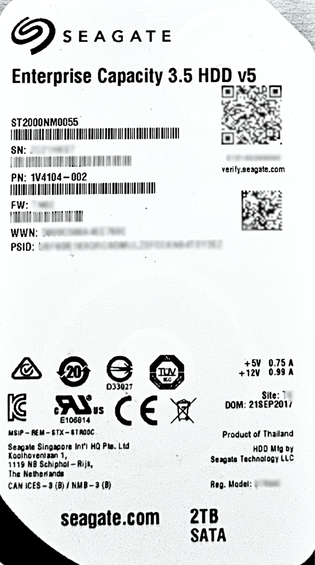 Seagate ST2000NM0055 2TB 7.2K SATA 3.5 6G, Used
