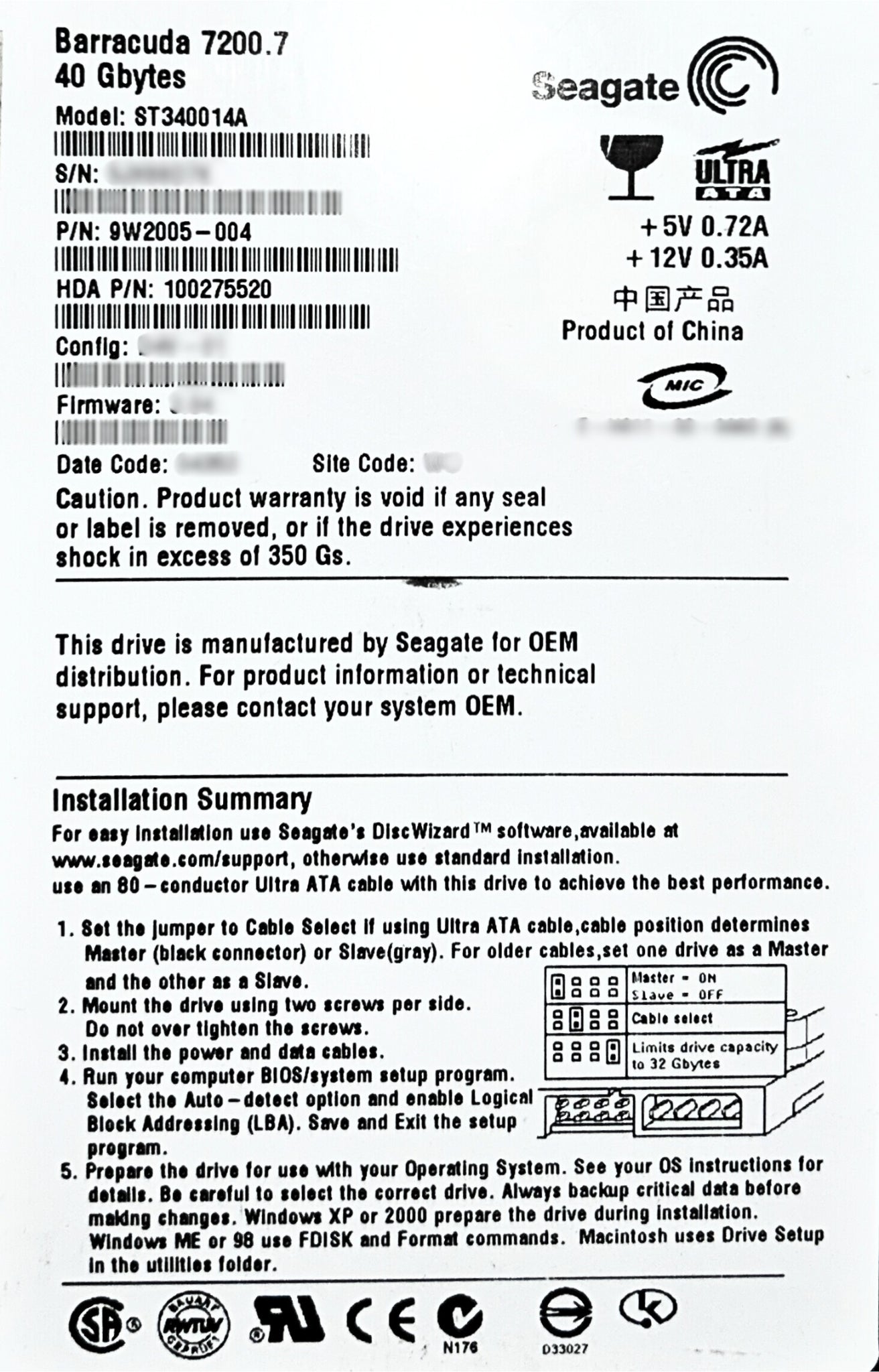 Seagate ST340014AS 40GB 7.2K SATA 3.5 1.5G Seagate HDD, Used