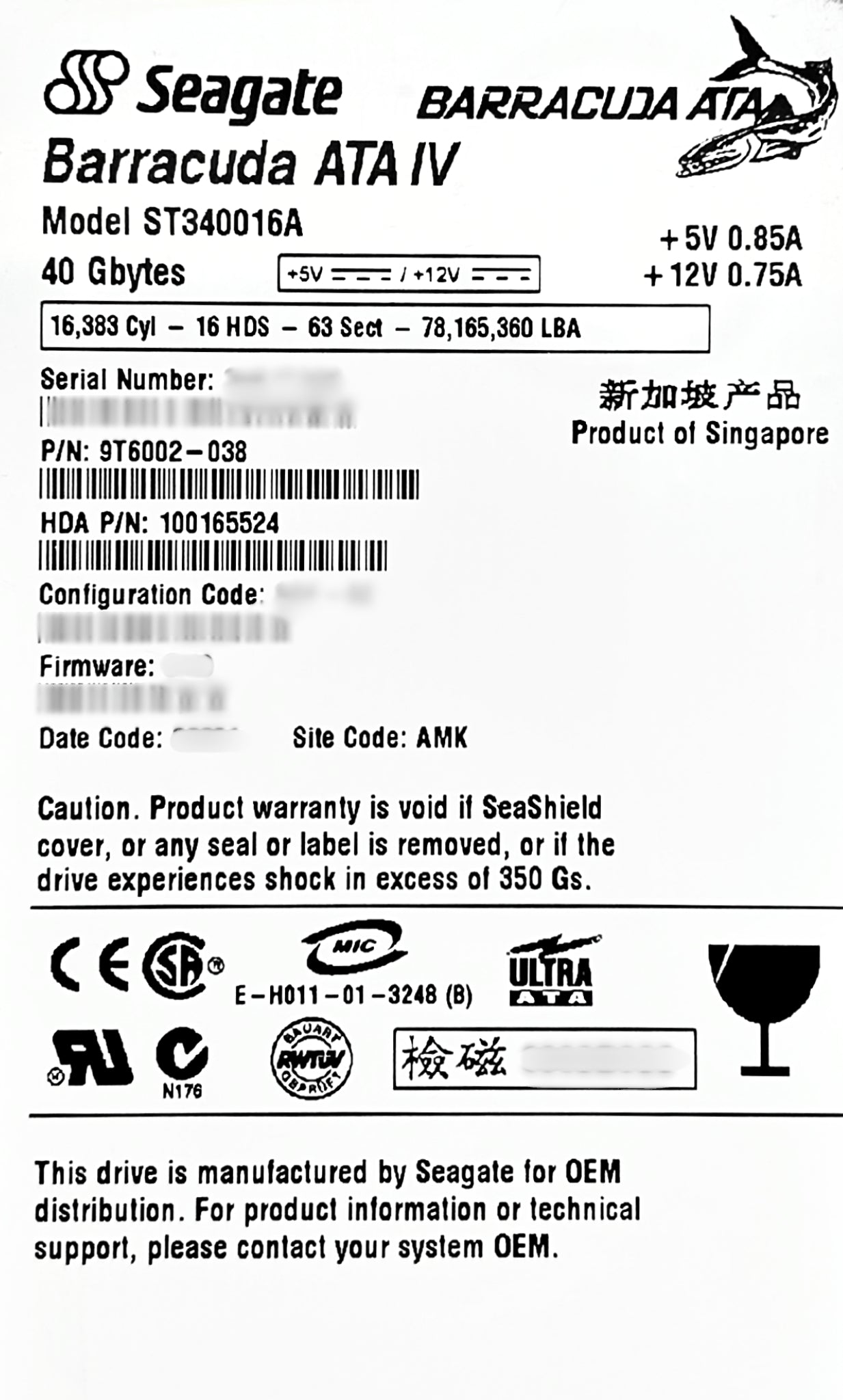 Seagate ST340016A 40GB 7.2K IDE 2M ATA 3.5 BARRACUDA, Used