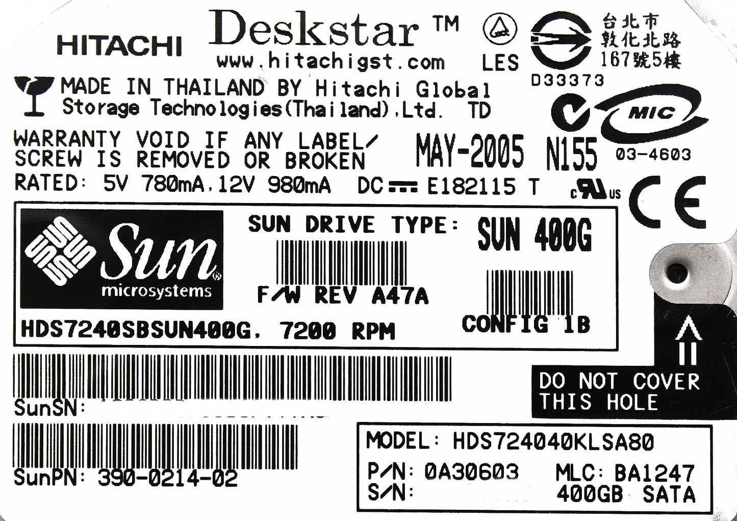 Sun Microsystems 390-0214 400GB 7200 RPM SATA, Used